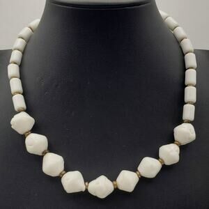 Miriam Haskell White Milk Glass Necklace Vintage Beaded Signed Choker 1970's